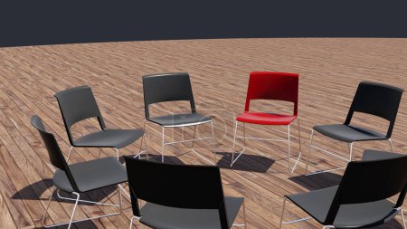 Téléchargez les photos : Concept ou chaise rouge conceptuelle se détachant dans une réunion sur un fond de plancher de bois. Illustration 3D comme métaphore du leadership, vision et stratégie, créativité et individualité, réalisation. - en image libre de droit
