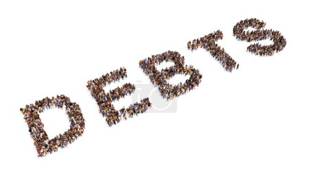 Foto de Concepto o gran comunidad conceptual de personas que forman la palabra DEBTS. 3d ejemplo metáfora de la carga financiera en forma de hipotecas, préstamos, tarjetas de crédito, impuestos, facturas y bajos ahorros - Imagen libre de derechos
