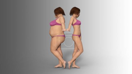 Foto de Conceptual grasa sobrepeso mujer obesa vs cuerpo sano en forma delgada después de la pérdida de peso o dieta con músculos delgada mujer joven aislada. Una metáfora de la ilustración 3D para la aptitud, la nutrición o la obesidad gordura, la forma de salud - Imagen libre de derechos