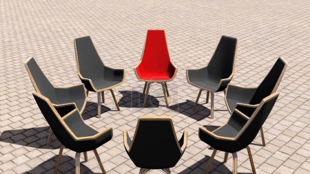 Téléchargez les photos : Concept, chaise rouge conceptuelle se détachant dans une réunion sur un fond de plancher en béton brun. Illustration 3D comme métaphore du leadership, vision et stratégie, créativité, individualité, réalisation. - en image libre de droit