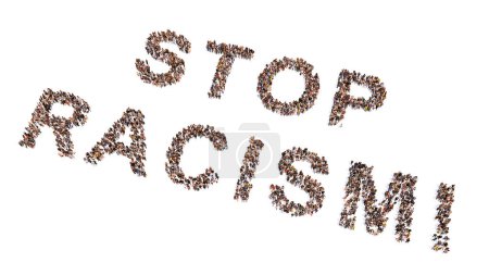 Téléchargez les photos : Concept conceptuel grande communauté de personnes formant STOP RACISME ! slogan. 3d illustration métaphore pour l'égalité, la justice sociale, la fin de la discrimination, l'égalité des droits et des chances - en image libre de droit
