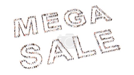 Téléchargez les photos : Concept ou concept grande communauté de personnes formant le message MEGA SALE. 3d illustration métaphore pour l'offre spéciale, rabais, coupon, affaire, shopping, marketing, commerce et affaires - en image libre de droit