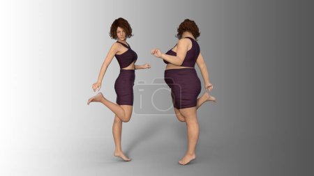 Foto de Conceptual grasa sobrepeso mujer obesa vs cuerpo sano en forma delgada después de la pérdida de peso o dieta con músculos delgada mujer joven aislada. Una metáfora de la ilustración 3D para la aptitud, la nutrición o la obesidad gordura, la forma de salud - Imagen libre de derechos
