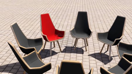 Foto de Concepto, silla roja conceptual destacándose en una reunión sobre un fondo de piso de hormigón marrón. Ilustración 3D como metáfora de liderazgo, visión y estrategia, creatividad, individualidad, logro. - Imagen libre de derechos