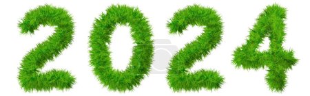 Téléchargez les photos : Concept conceptuel 2024 année faite de vert herbe de pelouse d'été symbole isolé sur fond blanc. Illustration 3D comme métaphore de l'avenir, de la nature, de l'environnement, de la croissance organique, de l'écologie, de la conservation - en image libre de droit