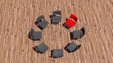 Photo for Concept or conceptual red chair standing out in a meeting on a wooden floor background. 3D Illustration as  a metaphor for leadership, vision and strategy, creativity and individuality, achievement. - Royalty Free Image