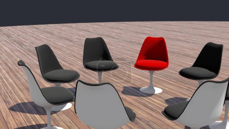 Photo for Concept or conceptual red chair standing out in a meeting on a wooden floor background. 3D Illustration as  a metaphor for leadership, vision and strategy, creativity and individuality, achievement. - Royalty Free Image