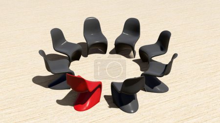 Foto de Concepto, silla roja conceptual destacándose en una reunión sobre un fondo de piedra natural. Ilustración 3D como metáfora de liderazgo, visión y estrategia, creatividad, individualidad, logro. - Imagen libre de derechos