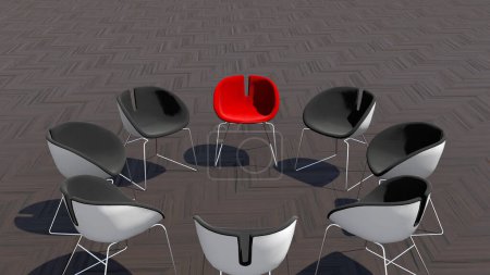 Téléchargez les photos : Concept ou chaise rouge conceptuelle se détachant dans une réunion sur un fond de plancher de bois. Illustration 3D comme métaphore du leadership, vision et stratégie, créativité et individualité, réalisation. - en image libre de droit