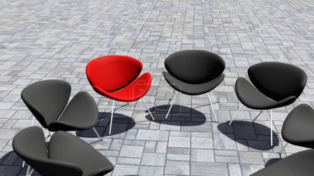 Téléchargez les photos : Concept ou chaise rouge conceptuelle se démarquant dans une réunion sur un fond de sol en béton. Illustration 3D comme métaphore du leadership, vision et stratégie, créativité et individualité, réalisation. - en image libre de droit