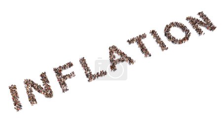 Photo for Concept or conceptual large community of people forming the word INFLATION. 3d illustration metaphor for prices increase, currency value drop, lower purchasing power and real income, economic crisis - Royalty Free Image