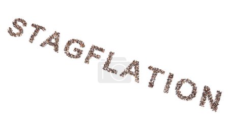Foto de Concept or conceptual large community of people forming the word STAGFLATION. 3d illustration metaphor for slow economic growth, high unemployment, rising prices and low purchasing power - Imagen libre de derechos