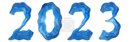 Photo for Concept or conceptual 2023 year made of  blue water with waves font isolated on white background. An abstract 3D illustration as a  metaphor for future, celebration, nature,  environment, ecology and climate - Royalty Free Image