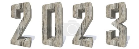 Photo for Concept or conceptual 2023 year made of  wood or wooden  font isolated on white background. An abstract 3D illustration as a  metaphor for future, vision, real estate, prosperity or business growth - Royalty Free Image