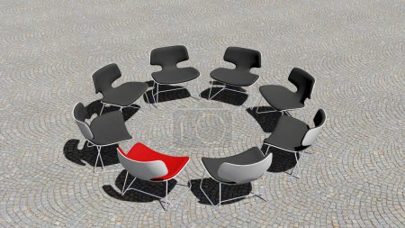 Foto de Concepto, silla roja conceptual destacándose en una reunión sobre un fondo de adoquín. Ilustración 3D como metáfora de liderazgo, visión y estrategia, creatividad e individualidad, logro. - Imagen libre de derechos