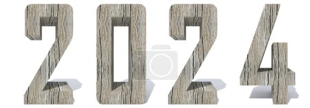 Téléchargez les photos : Concept ou conceptuel 2024 année en bois ou police en bois isolé sur fond blanc. Illustration 3D abstraite comme métaphore de l'avenir, de la vision, de l'immobilier, de la prospérité ou de la croissance des entreprises - en image libre de droit