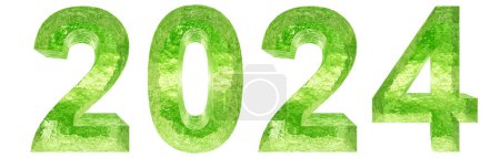 Téléchargez les photos : Concept ou conceptuel 2024 année faite de police d'eau verte isolé sur fond blanc. Une illustration 3D abstraite comme métaphore de l'avenir, de la célébration, de la nature, de l'environnement, de l'écologie et du climat - en image libre de droit