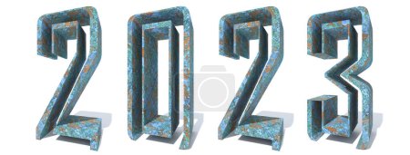 Photo for Concept or conceptual 2023 year made of old, rusted metal isolated on white background. An abstract 3D illustration as a  metaphor for future, real estate, industry prosperity or business growth - Royalty Free Image
