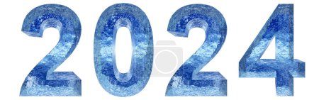 Foto de Concepto o conceptual 2024 año hecho de fuente de hielo azul aislado sobre fondo blanco. Una abstracta ilustración 3D como metáfora del futuro, la celebración, la naturaleza, el medio ambiente, la ecología y el clima - Imagen libre de derechos