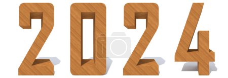 Téléchargez les photos : Concept ou conceptuel 2024 année en bois ou en bois fonte brune isolé sur fond blanc. Illustration 3D abstraite comme métaphore de l'avenir, de la vision, de l'immobilier, de la prospérité ou de la croissance des entreprises - en image libre de droit