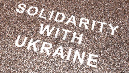 Téléchargez les photos : Concept conceptuel grande communauté de personnes formant SOLIDARITÉ AVEC message UKRAINE. 3d illustration métaphore de solidarité, coopération, compassion, gentillesse, unité, inspiration, altruisme, aide - en image libre de droit