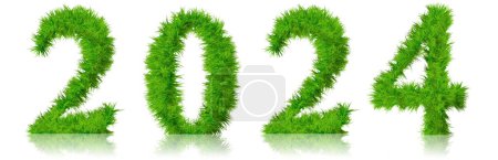 Téléchargez les photos : Concept conceptuel 2024 année faite de vert herbe de pelouse d'été symbole isolé sur fond blanc. Illustration 3D comme métaphore de l'avenir, de la nature, de l'environnement, de la croissance organique, de l'écologie, de la conservation - en image libre de droit