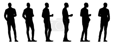Téléchargez les photos : Concept silhouette noire conceptuelle d'un homme vêtu occasionnellement tenant une tasse à la main à partir de différentes perspectives isolées sur le blanc. Illustration 3D comme métaphore pour faire une pause, se reposer et se détendre - en image libre de droit