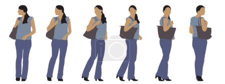 Téléchargez les photos : Concept silhouette conceptuelle d'une femme avec un sac à main à partir de différentes perspectives isolées sur fond blanc. Illustration 3D comme métaphore du shopping, des loisirs et du mode de vie - en image libre de droit
