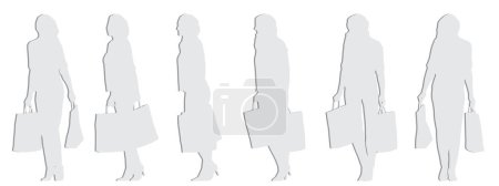 Concept conceptual gray paper cutsilhouette of a woman holding shopping bags  from different perspectives isolated on white .  3d illustration as a metaphor for shopping, business, leisure  and lifestyle