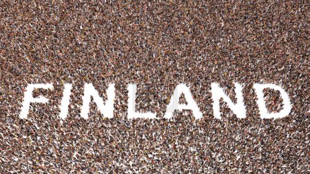 Konzept oder konzeptionelle große Gemeinschaft von Menschen, die das Wort FINNLAND bilden. 3D-Illustrationsmetapher für Kultur, Geschichte und Bildung, Politik, Wirtschaft und Wirtschaft, Reisen und Abenteuer