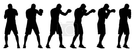 Téléchargez les photos : Concept ou silhouette noire conceptuelle d'un entraînement de boxeur masculin à partir de différentes perspectives isolées sur le blanc. Illustration 3D comme métaphore du sport, de la puissance, de la compétition, de la persévérance et du mode de vie - en image libre de droit