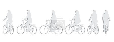 Foto de Concepto de silueta de corte de papel gris conceptual de una mujer que monta en bicicleta desde diferentes perspectivas aisladas en blanco. Ilustración 3d como metáfora del deporte, fitness, salud, transporte, ocio y estilo de vida - Imagen libre de derechos