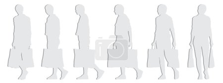 Téléchargez les photos : Concept silhouette conceptuelle en papier gris découpé d'une femme tenant des sacs à provisions de différentes perspectives. Illustration 3D comme métaphore du shopping, des affaires, des loisirs et du mode de vie - en image libre de droit