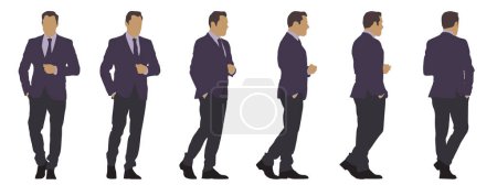Téléchargez les photos : Concept silhouette conceptuelle d'un homme en costume élégant à partir de différentes perspectives isolées sur fond blanc. Illustration 3D comme métaphore de la mode, du divertissement et du mode de vie - en image libre de droit