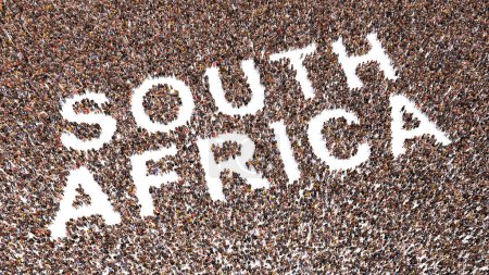 Concept or conceptual large community of people forming the word SOUTH AFRICA. 3d illustration metaphor for culture, history and education, politics, economy and business, travel and adventure