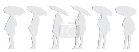 Téléchargez les photos : Concept silhouette conceptuelle en papier gris découpé d'une femme tenant un parapluie de différentes perspectives isolées sur fond blanc. Illustration 3D comme métaphore de la protection, de la saison, de la nature et de la vie urbaine - en image libre de droit