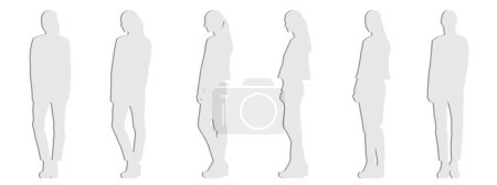 Téléchargez les photos : Concept conceptuel silhouette en papier gris découpé d'une jeune femme debout à partir de différentes perspectives isolées sur le blanc.Illustration 3D comme une métaphore pour la détente, confortable, pratique et style de vie - en image libre de droit