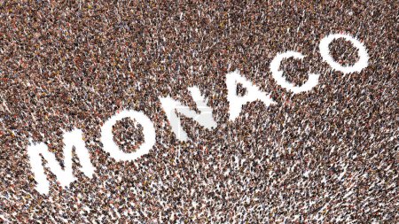 Téléchargez les photos : Concept ou concept grande communauté de personnes formant le mot MONACO. 3d illustration métaphore pour la culture, l'histoire et l'éducation, la politique, l'économie et les affaires, Voyage et aventure - en image libre de droit