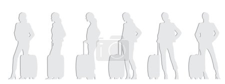 Ilustración de Concepto vectorial silueta de corte de papel gris conceptual de una mujer con equipaje de pie desde diferentes perspectivas aisladas sobre fondo blanco. Una metáfora para viajar, vacaciones, negocios y estilo de vida - Imagen libre de derechos