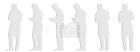 Illustration for Vector concept conceptual gray paper cut silhouette of a male waiter taking an order  from different perspectives isolated on white background. A metaphor for working, business, relaxation and lifestyle - Royalty Free Image