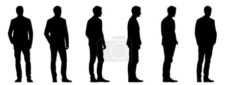 Ilustración de Concepto vectorial silueta negra conceptual de un hombre de pie, manos en bolsillos desde diferentes perspectivas aisladas sobre fondo blanco. Una metáfora de la confianza, la moda, los negocios y el estilo de vida - Imagen libre de derechos