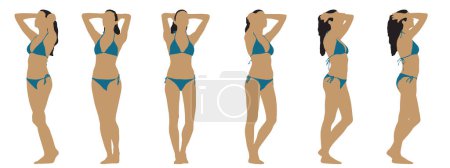 Illustration for Vector concept conceptual black silhouette of a woman in a bathing suit from different  perspectives isolated on white background.  A metaphor for beauty, seduction, fitness, health and lifestyle - Royalty Free Image