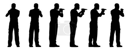 Illustration for Vector concept conceptual black silhouette of construction worker with a hammer-drill  from different perspectives isolated on white background. A metaphor for business, demolition and reconstruction - Royalty Free Image