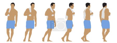 Ilustración de Concepto vectorial silueta conceptual de un hombre en pantalones cortos con una toalla de pie desde diferentes perspectivas aisladas sobre fondo blanco. Una metáfora del deporte, el fitness, la salud y el bienestar, el estilo de vida - Imagen libre de derechos