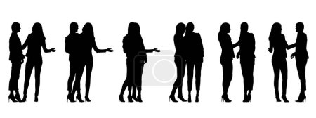 Ilustración de Concepto vectorial silueta negra conceptual de dos mujeres de pie y hablando desde diferentes perspectivas aisladas en blanco. Una metáfora para la comunicación y la amistad, la colaboración y los negocios - Imagen libre de derechos