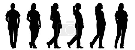Illustration for Vector concept conceptual black silhouette of a woman in white scrubs with a stethoscope from different perspectives isolated on white background. A metaphor for healthcare, treatment and help - Royalty Free Image