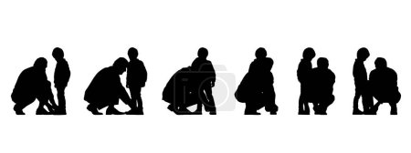 Illustration for Vector concept conceptual black silhouette of a father helping his son tie his shoe laces from different perspectives isolated on white. A metaphor for parenting, fatherhood, childhood, family and love - Royalty Free Image
