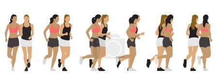 Ilustración de Concepto vectorial silueta conceptual de dos mujeres que corren desde diferentes perspectivas aisladas sobre fondo blanco. Una metáfora del deporte, el fitness, la motivación, la salud, la energía y el estilo de vida - Imagen libre de derechos