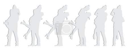 Illustration for Vector concept conceptual gray paper cut silhouette of a couple embracing from different perspectives isolated on white background. A metaphor for love, happiness, relationship, marriage and lifestyle - Royalty Free Image
