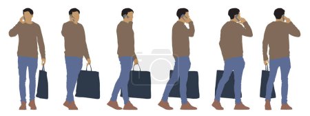 Illustration for Vector concept conceptual silhouette of a man holding shopping bags and talking on the phone from different perspectives isolated on white background. A metaphor for shopping, business and lifestyle - Royalty Free Image